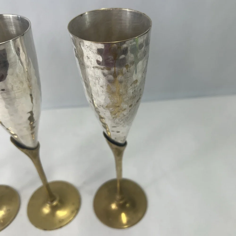 Vintage Art Deco Style Brass & Silverplate Champagne Flute.‎ Set Of 4. Heavy.